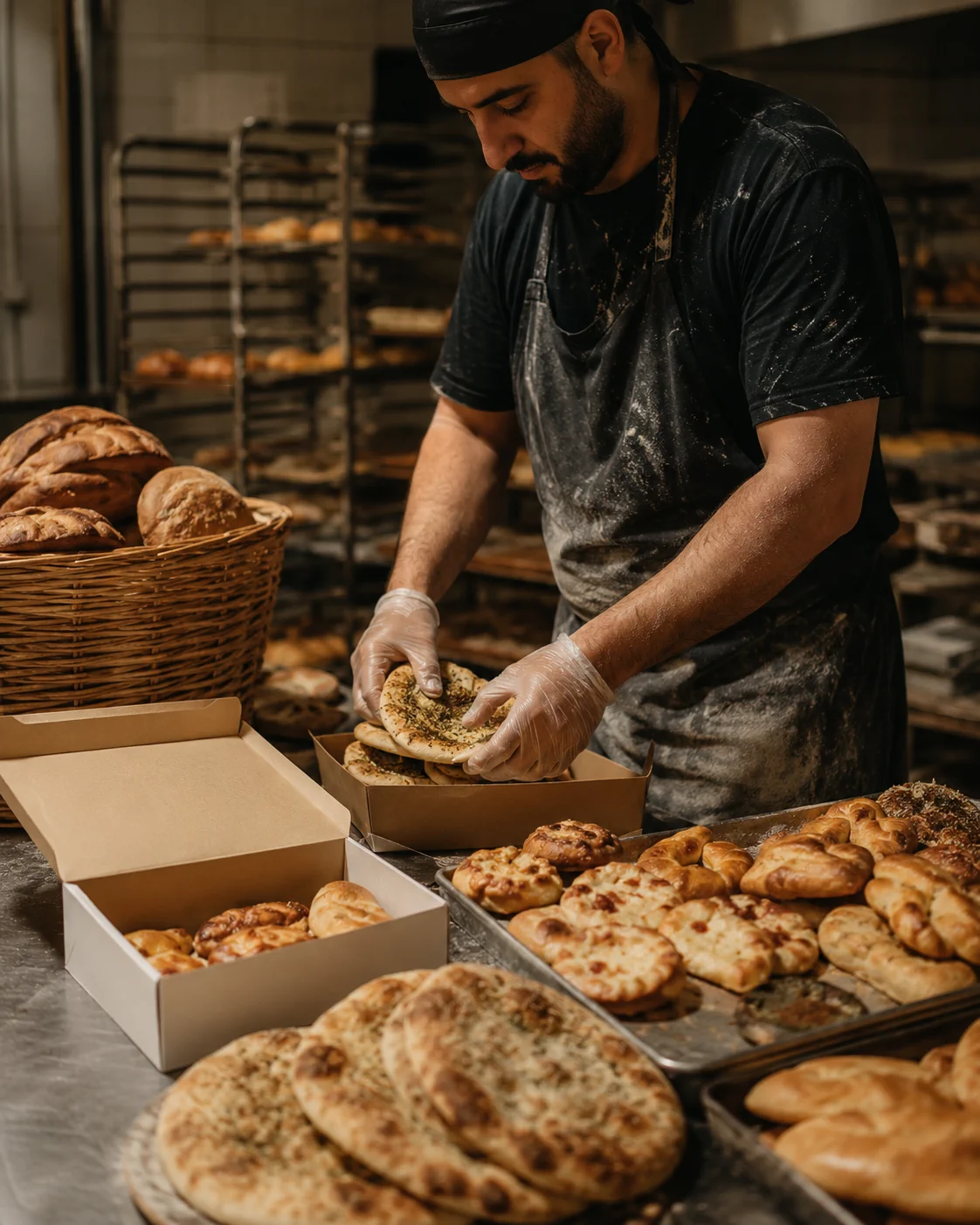 A bakery team packing fresh food for collection at closing time