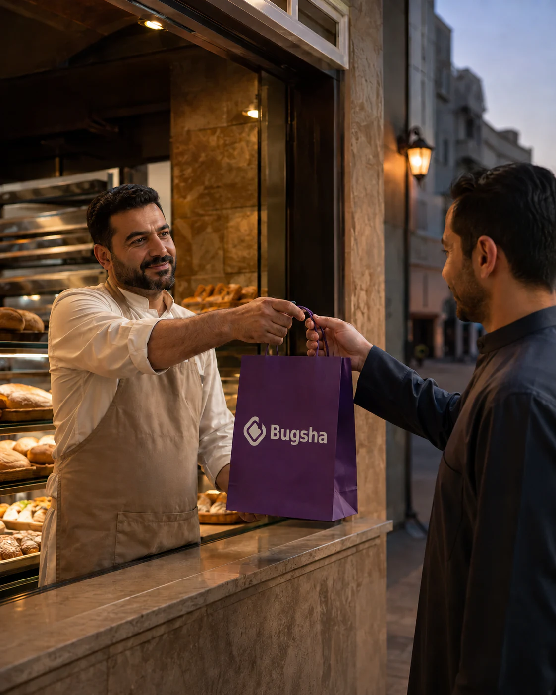 A local baker handing a freshly packed order to a customer