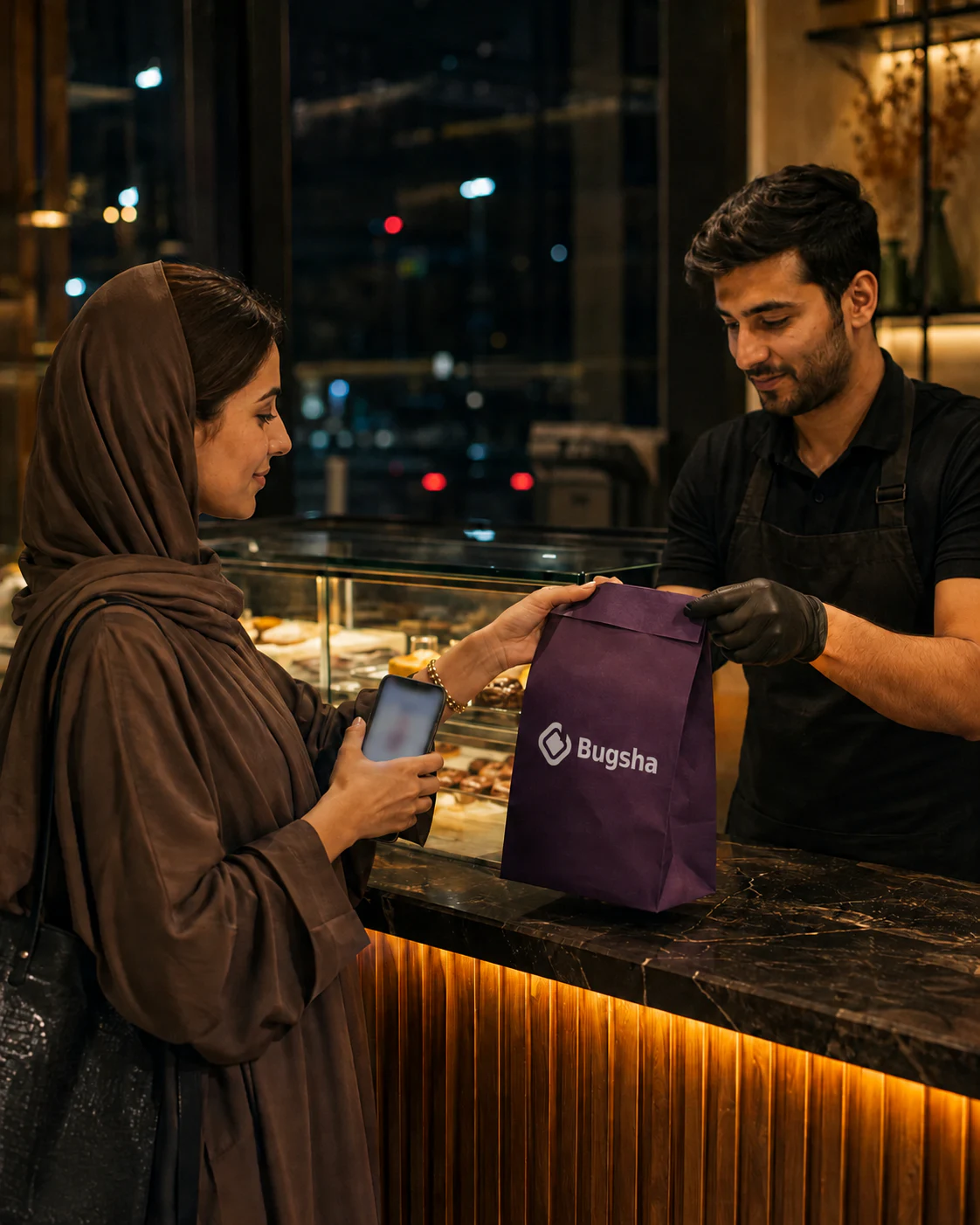 A Bugsha customer collecting an order at a neighborhood café
