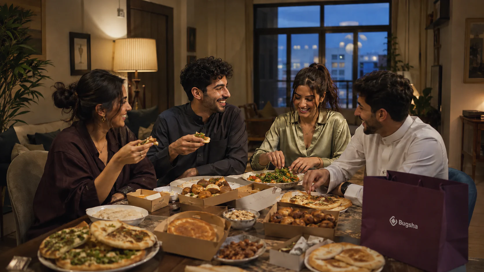 Friends sharing rescued food together around a table